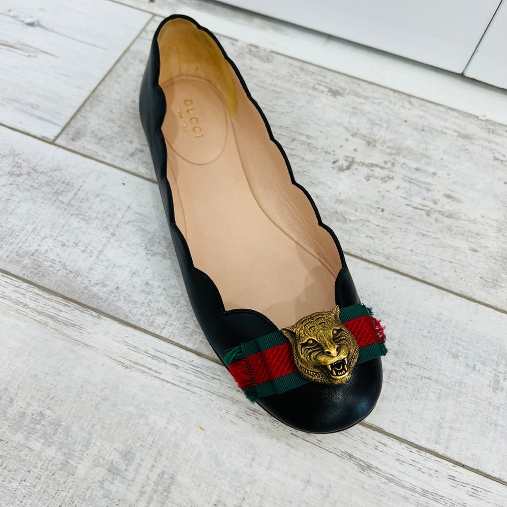 Gucci Sylvie Web & Feline Scalloped Ballet Flats 36.5 navy blue